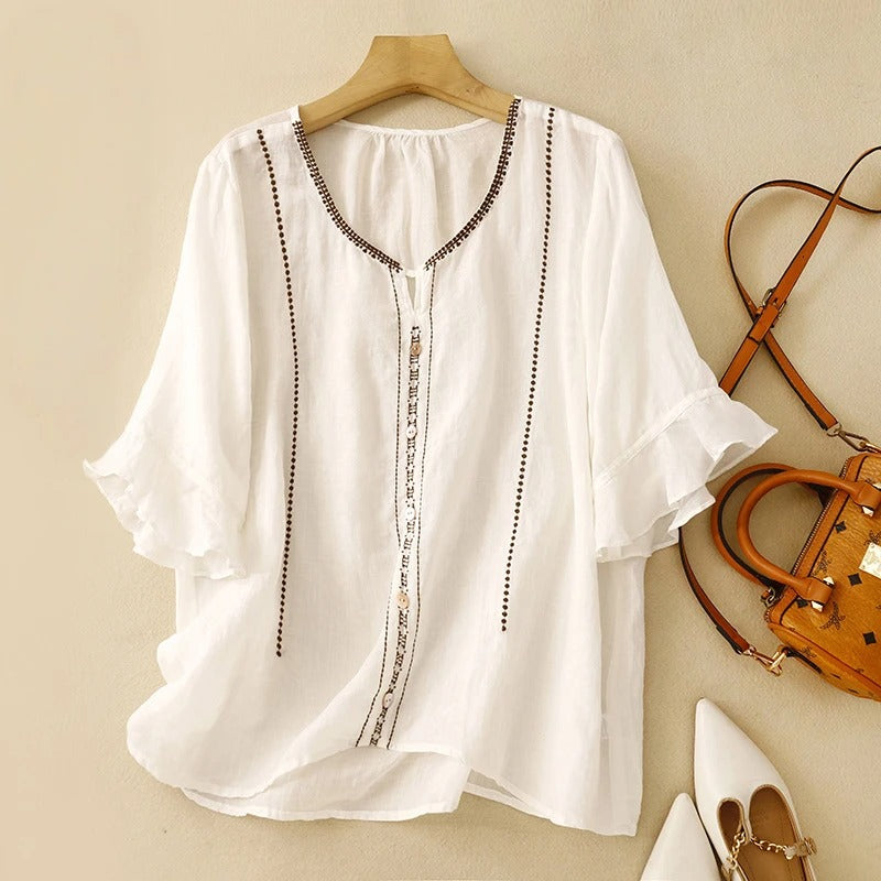 Casual Embroidered Peasant Blouse - OutfitLondon
