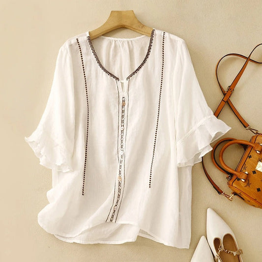 Casual Embroidered Peasant Blouse - OutfitLondon