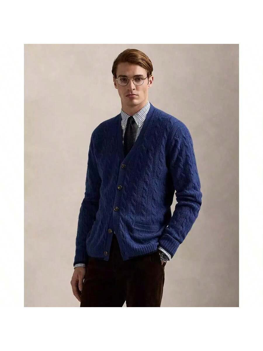 Dark Blue Knit Cashmere Crew Neck Sweater - OutfitLondon