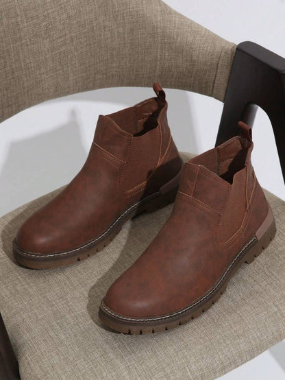 Thick Heeled Ankle Boots Brown Leather