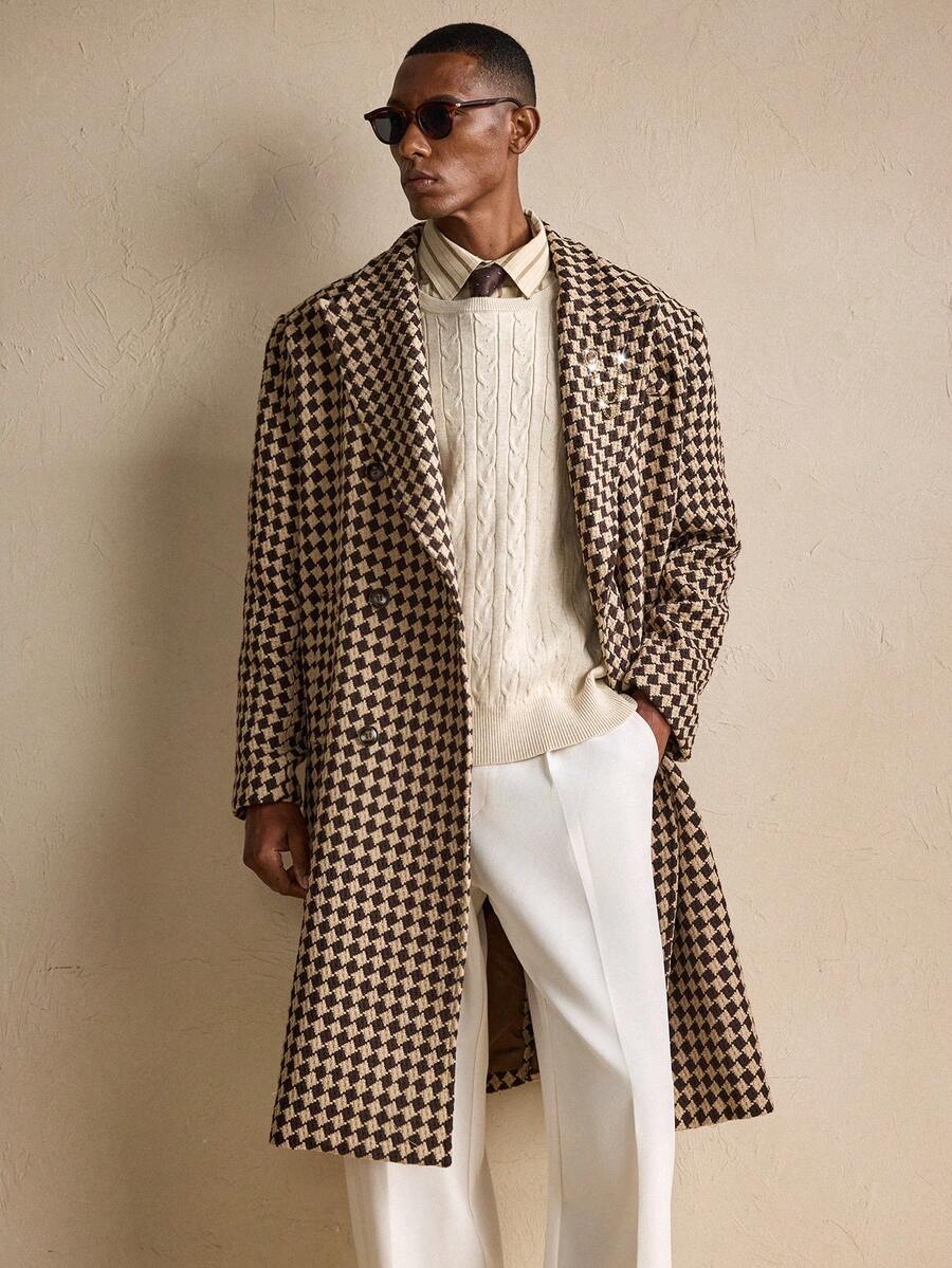 Large Plaid Khaki Wool Trench Coat - OutfitLondon