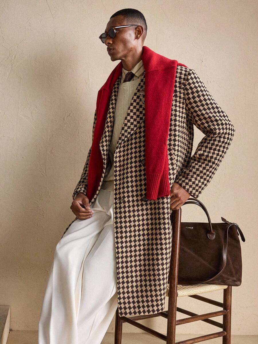 Large Plaid Khaki Wool Trench Coat