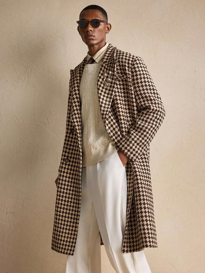 Large Plaid Khaki Wool Trench Coat