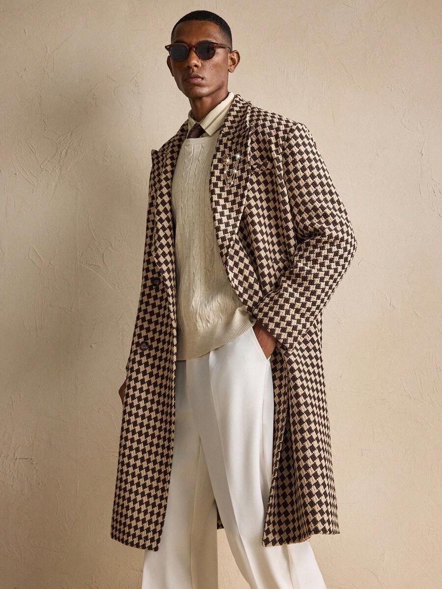 Traditional Checked Wool Long Coat