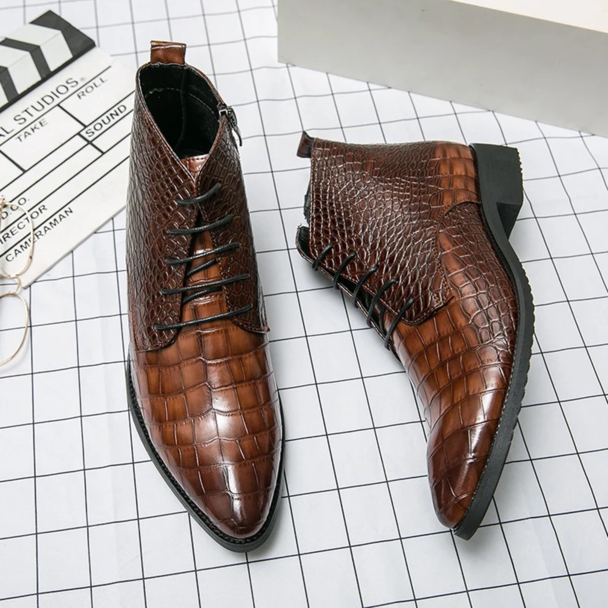 Men's Brown Leather Animal Print Ankle Boots