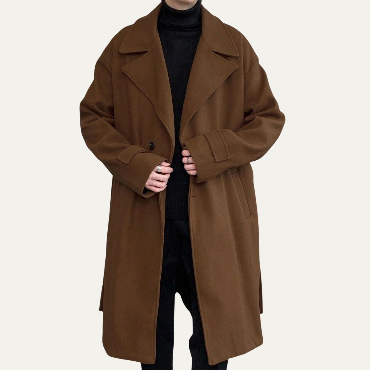 Classic Mens Wool Overcoat with Waist Belt