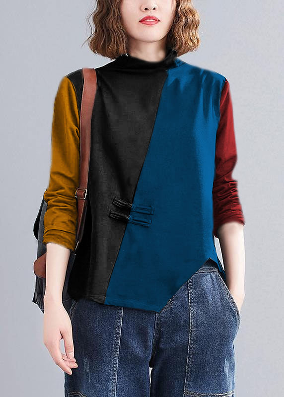 Women's Geometric Blouse Cotton Blend Blue High Collar - OutfitLondon
