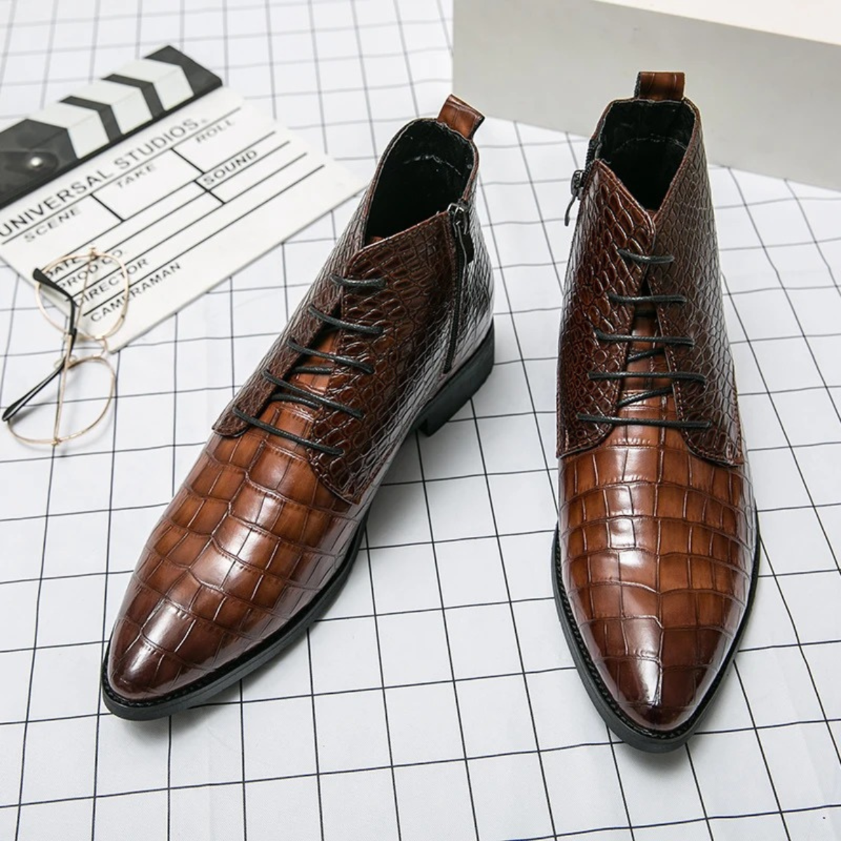 Men's Brown Leather Animal Print Ankle Boots