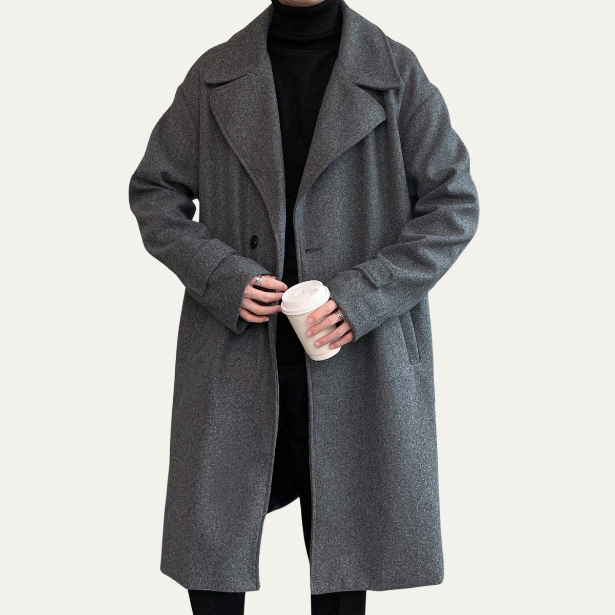Classic Mens Wool Overcoat with Waist Belt