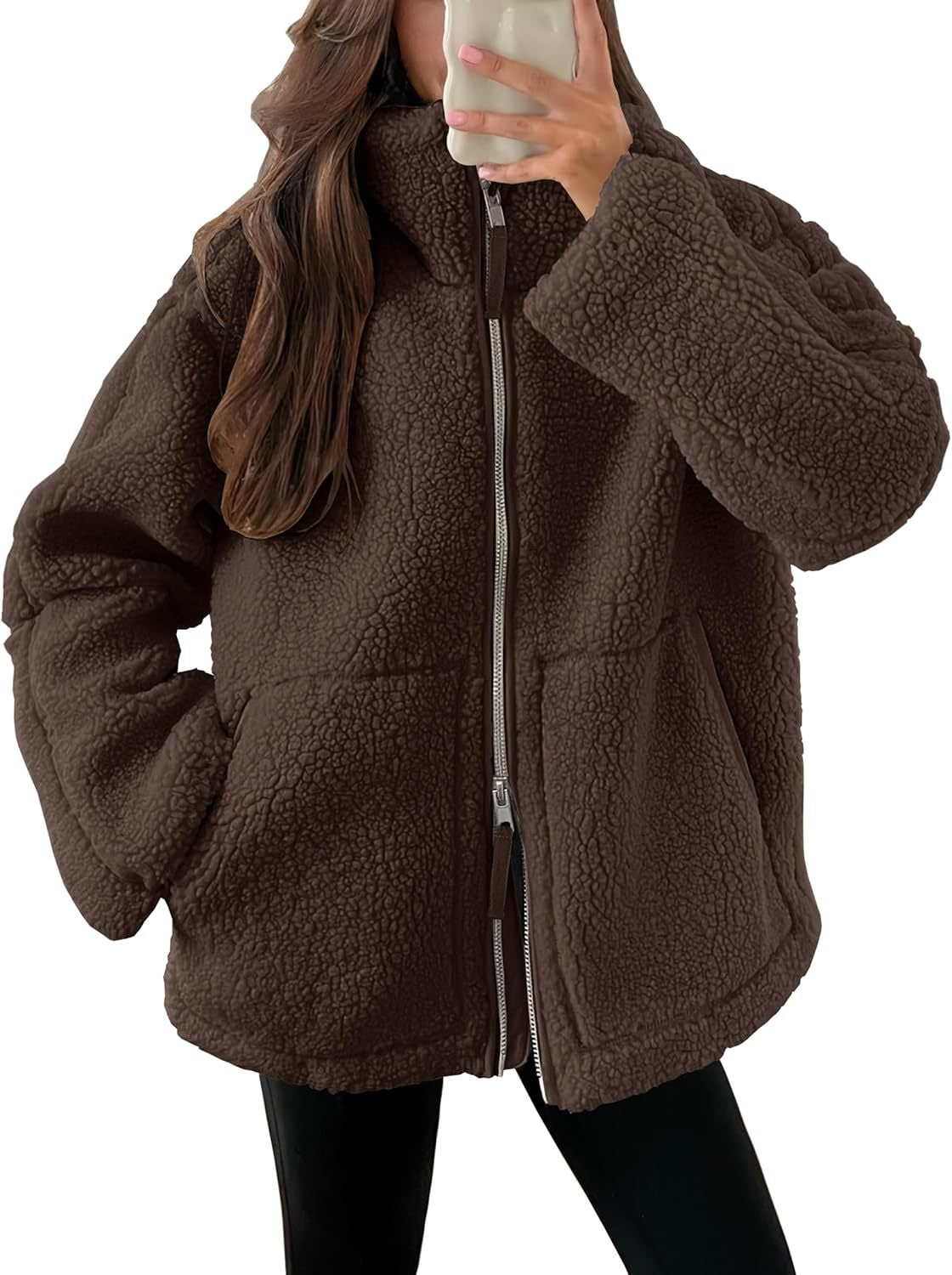 Women's Casual Fleece Zip-Up Coat with Lapel and Pockets