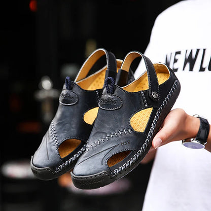 Men's Summer Hand Stitching Soft Outdoor Closed Toe Leather Beach Sandals Slippers