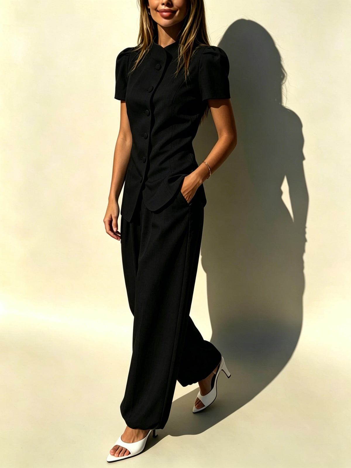 Women's Casual Lightweight Jacket and High-Waisted Trousers Set