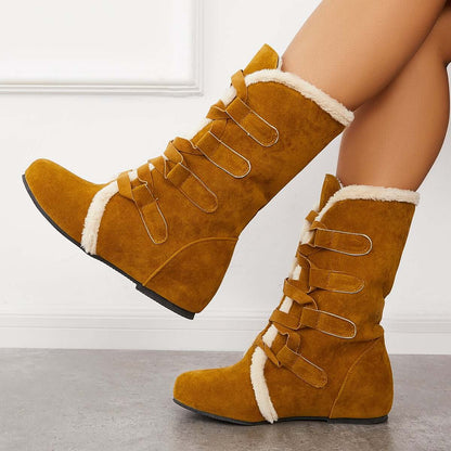 Warm Fur Mid Calf Snow Boots Wide Calf Hidden Wedge Boots