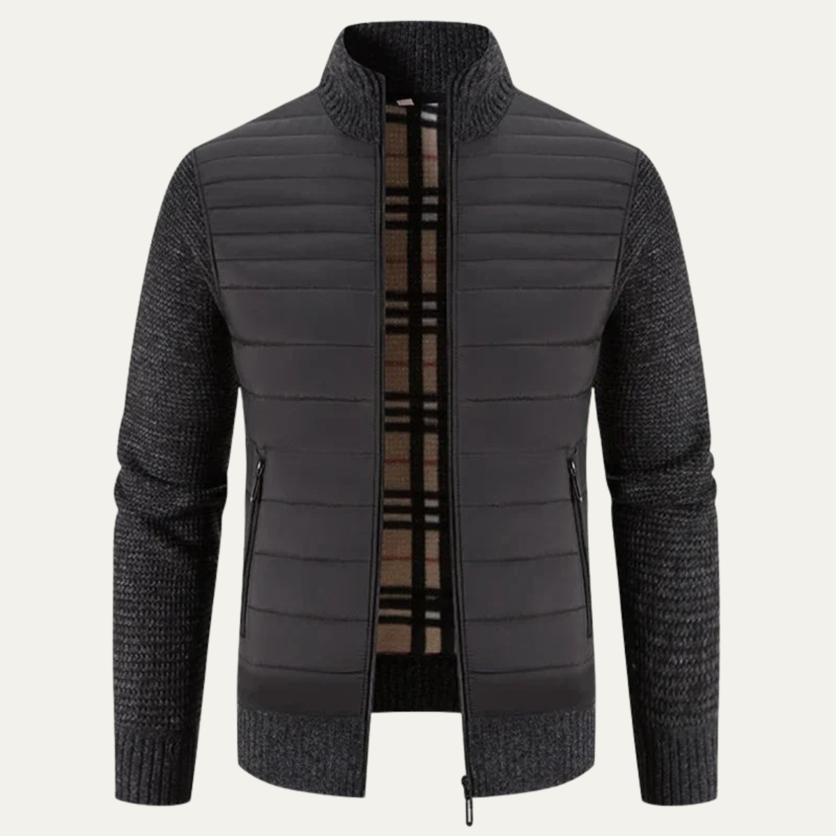 Warm Men's Quilted Bomber Jacket with Ribbed Sleeves