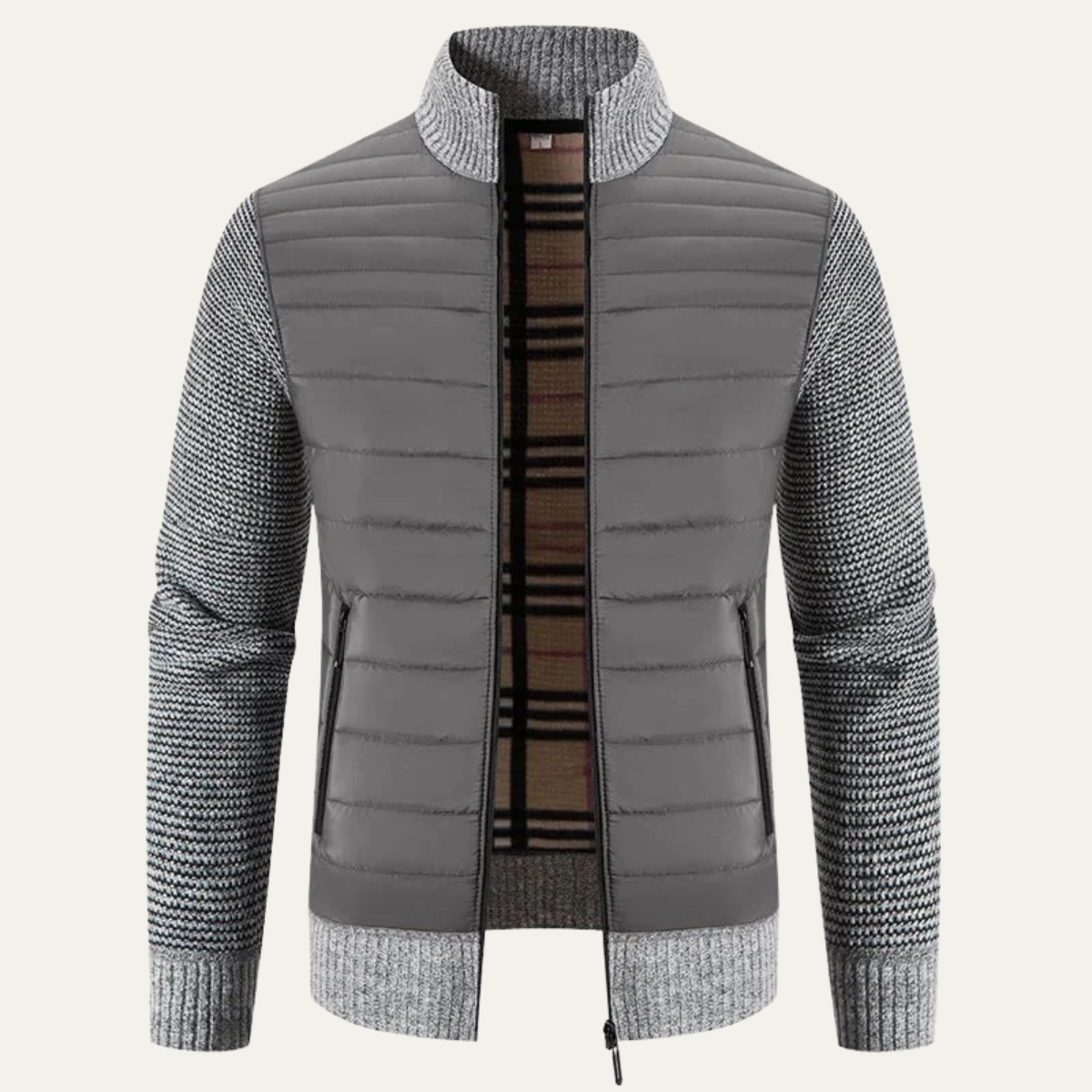 Warm Men's Quilted Bomber Jacket with Ribbed Sleeves - OutfitLondon