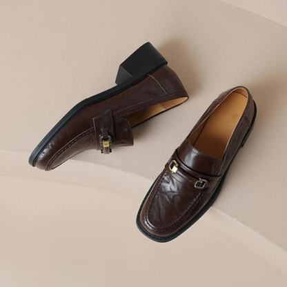 Luxury Mens Leather Slip On Dress Loafers with Metal Buckle