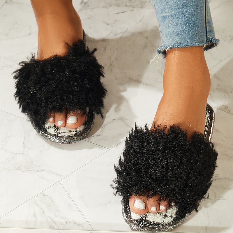 Open Toe Fluffy Bedroom Slippers Soft Footbed Shoes