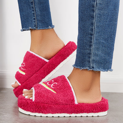 Warm Open Toe Flat Furry Slippers Cozy Slide Shoes