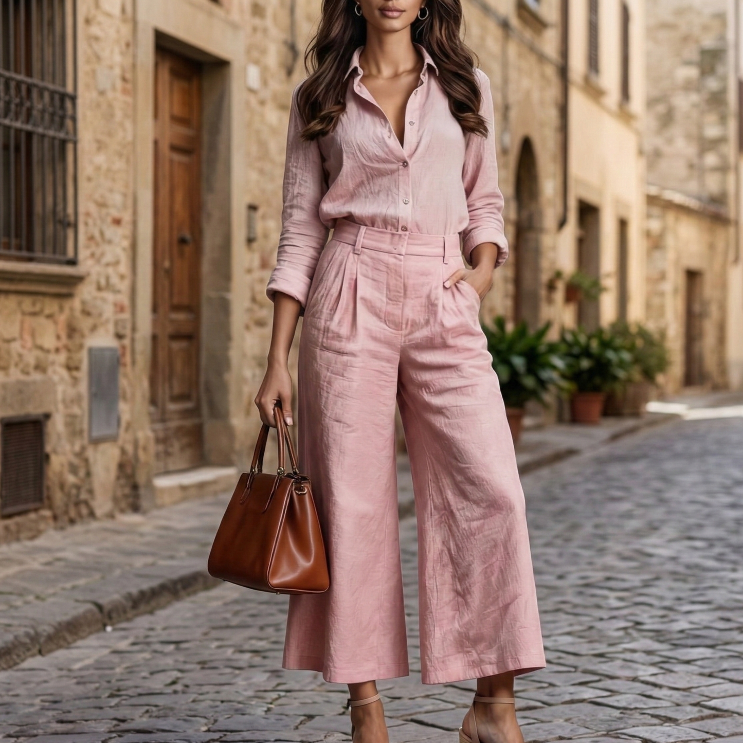 Womens Casual Button Top and Wide Leg Pants Set