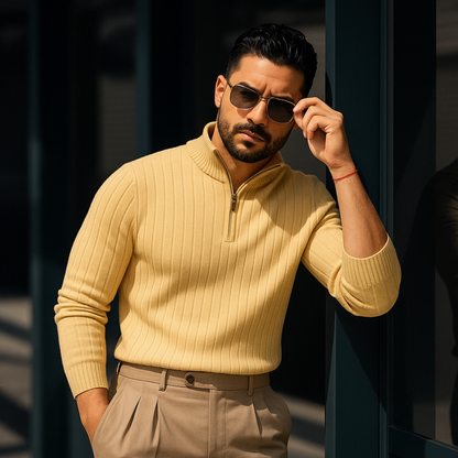 Textured Crew Neck Half Zip Sweater for Men