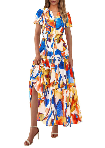 Casual Floral V Neck Flowy Beach Maxi Dress