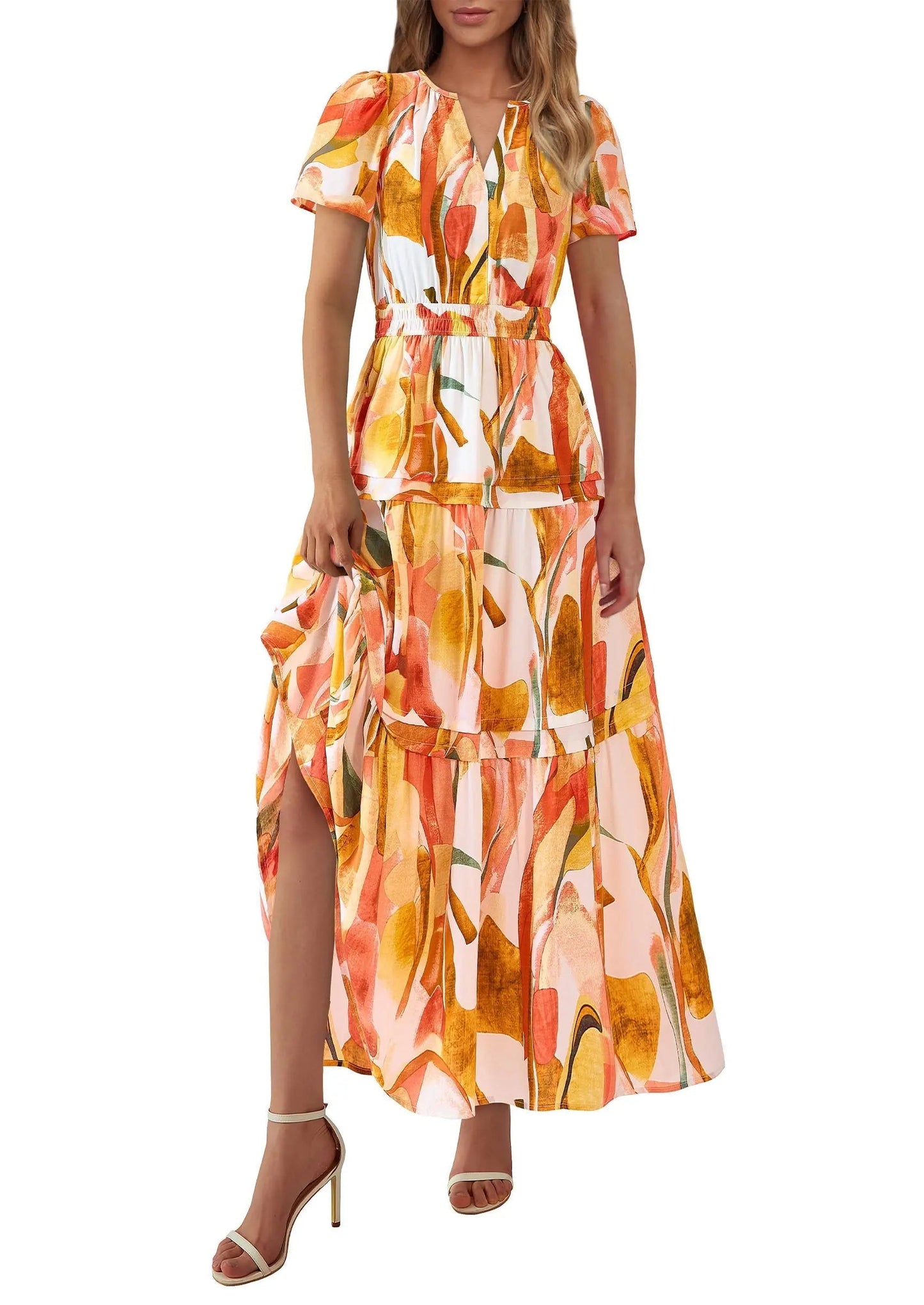 Casual Floral V Neck Flowy Beach Maxi Dress