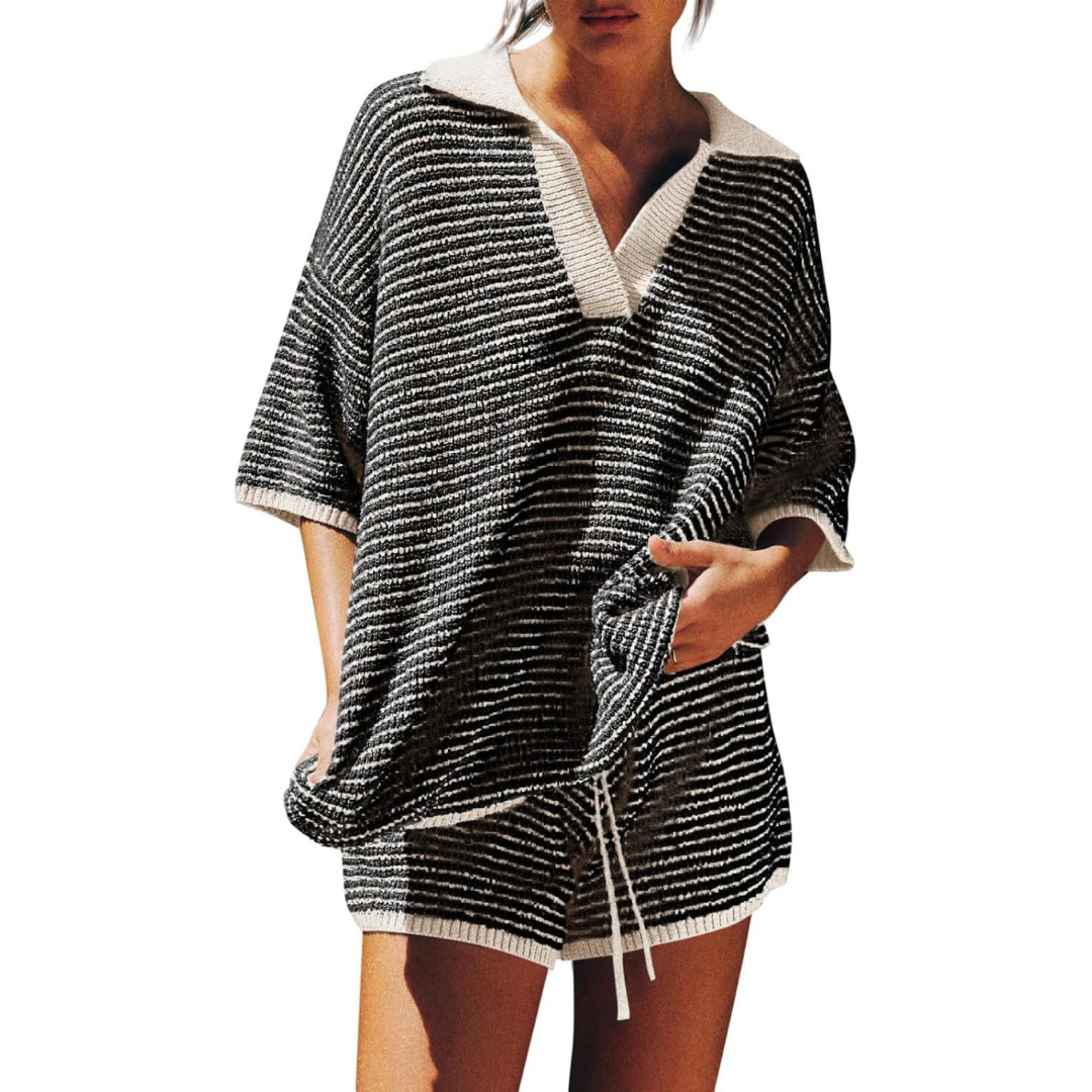 Relaxed Fit Striped Knit Summer Outfit Set - OutfitLondon