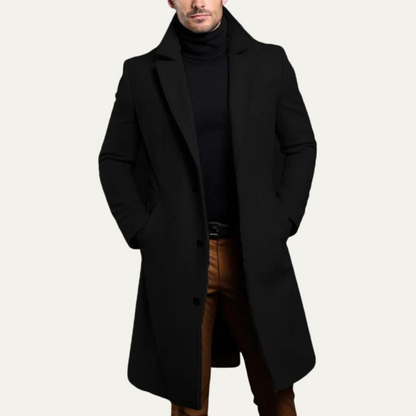 Classic Men's Slim Fit Black Wool Overcoat