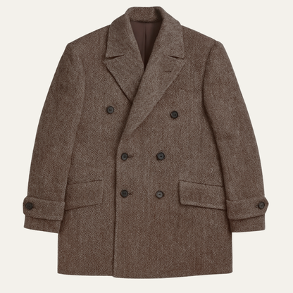 Classic Fit Herringbone Wool Pea Coat Jacket - OutfitLondon