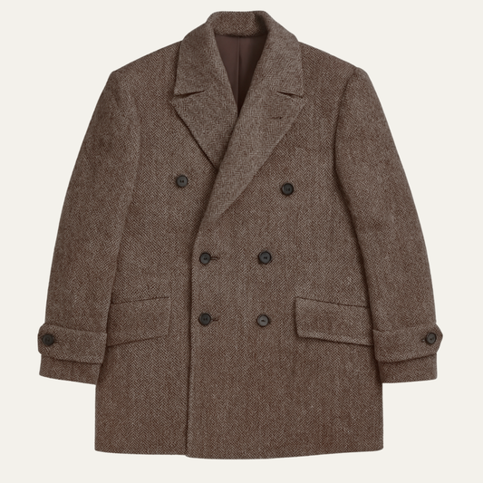 Classic Fit Herringbone Wool Pea Coat Jacket - OutfitLondon