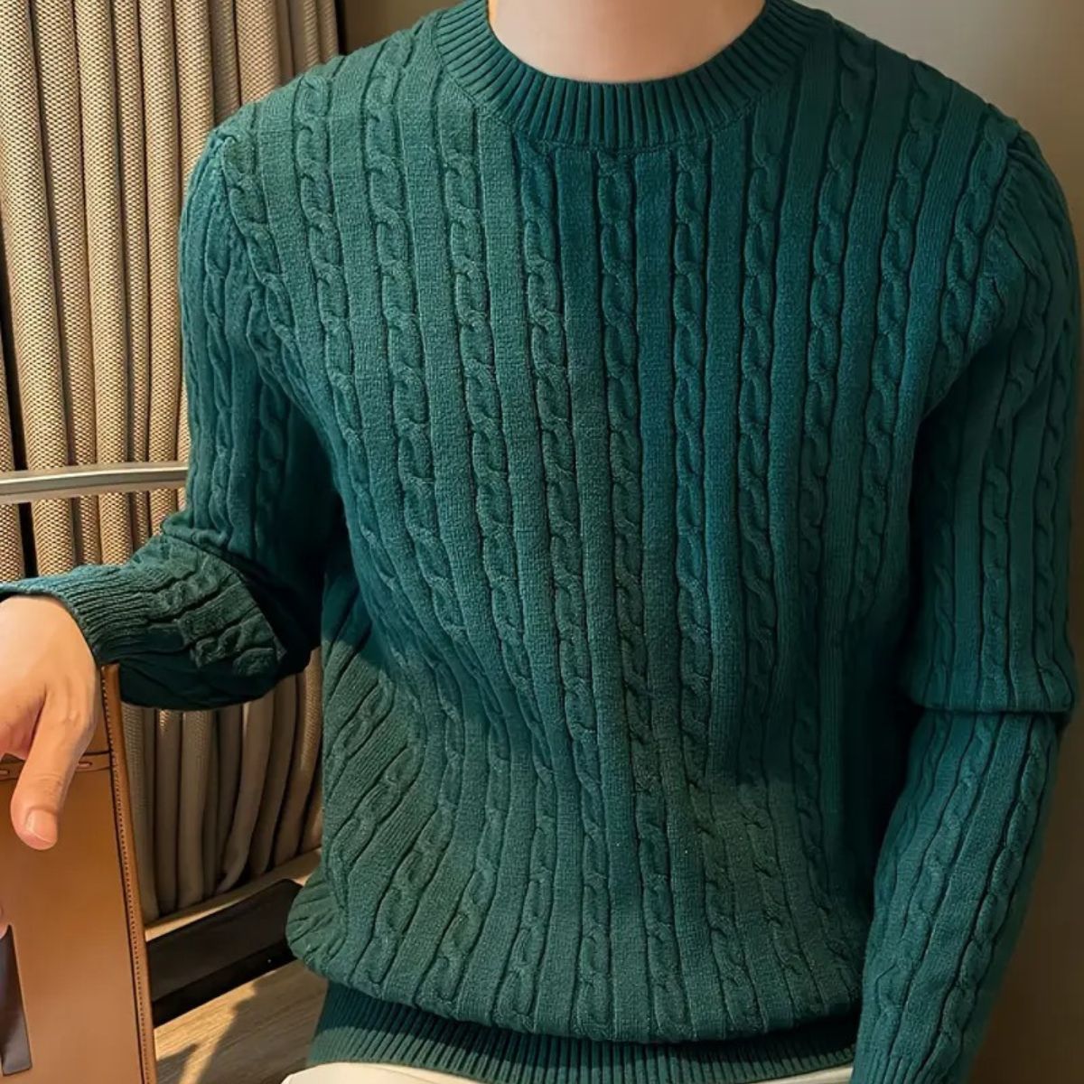 Luxury Green Mens Wool Crew Neck Sweater