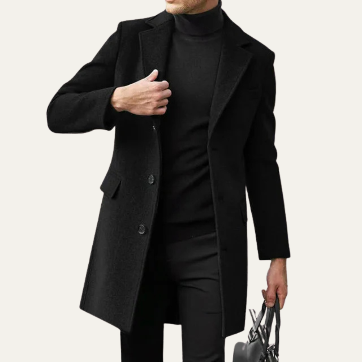 Classic Slim Fit Black Wool Overcoat