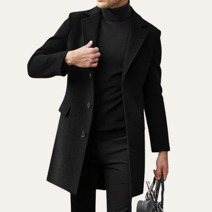 Classic Slim Fit Black Wool Overcoat