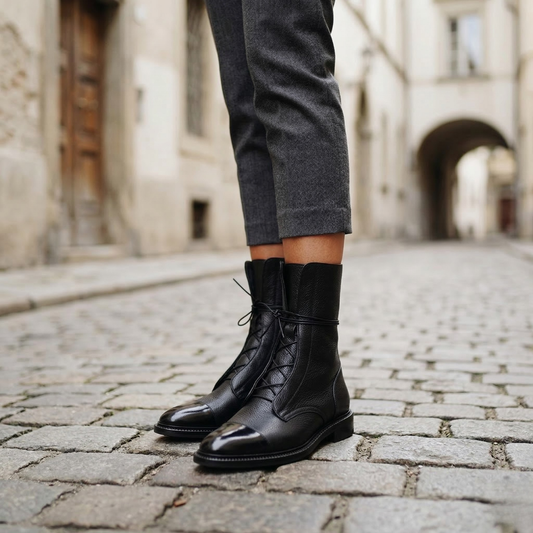 Trendy Leather Ankle Boots with Laces Combat Style - OutfitLondon