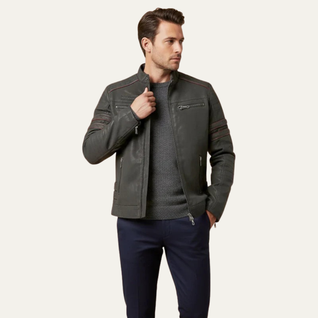 Men's Synthetic Leather Biker Jacket with Padded Details