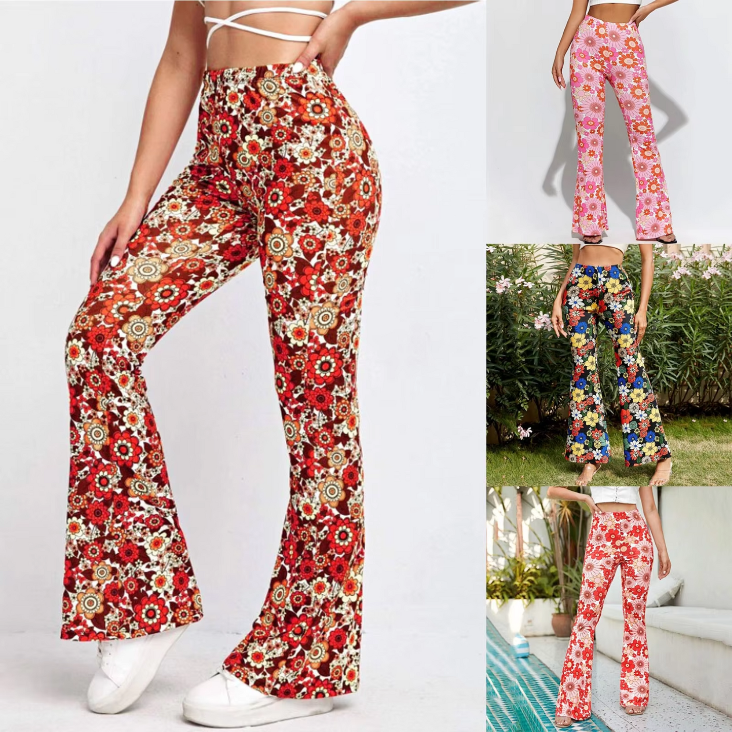 Classic High Waist Flowy Floral Women's Pants - OutfitLondon