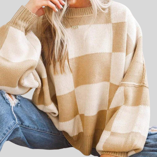 Comfy Plaid Crew Neck Long Sleeve Sweater - OutfitLondon