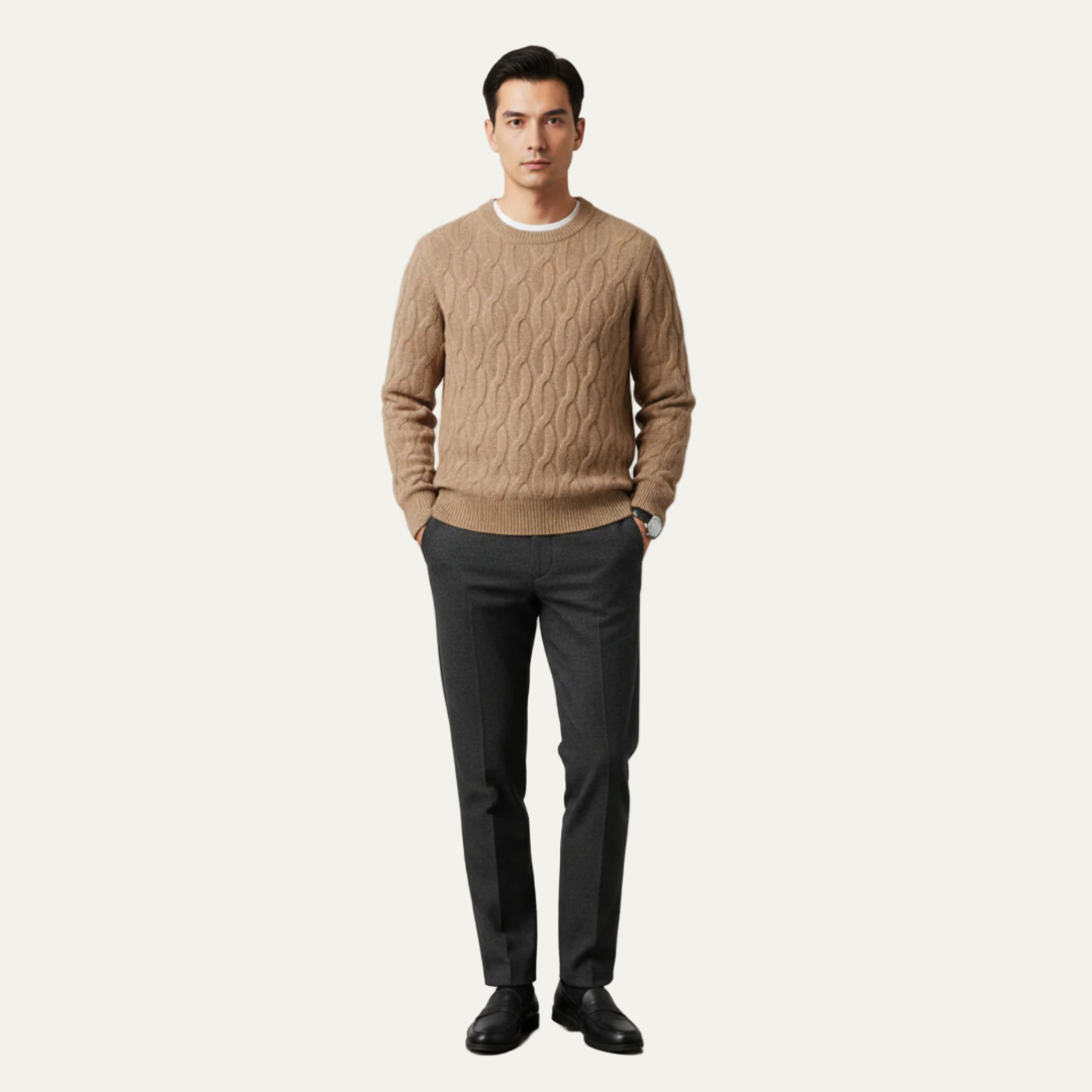 Comfortable Crew Neck Cable Knit Sweater - OutfitLondon
