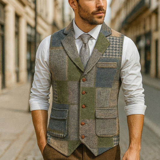Rustic Plaid Tweed Vest Classic Fit Waistcoat - OutfitLondon