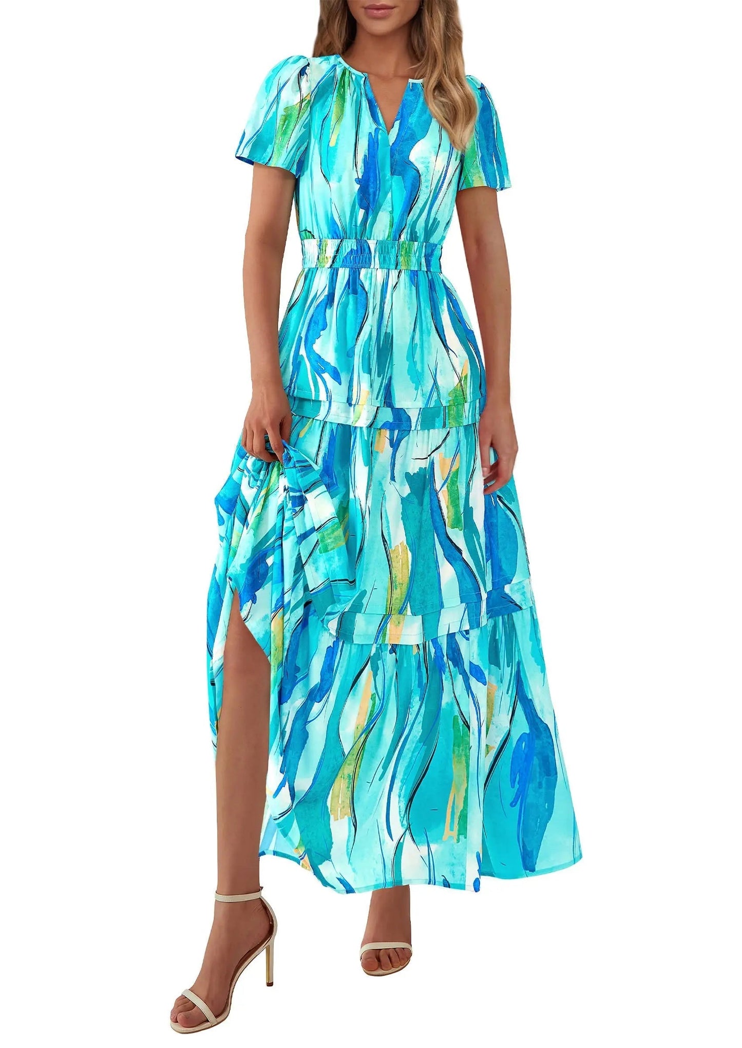Casual Floral V Neck Flowy Beach Maxi Dress