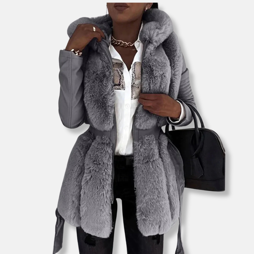 Ladies Classic Fur Trim Coat with Belted Waist - OutfitLondon