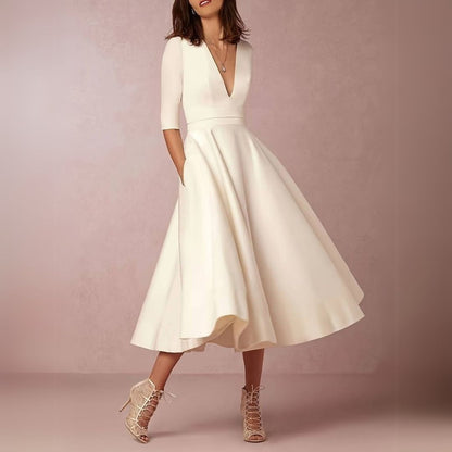 Classic Fit V Neck White Ladies Dress - OutfitLondon