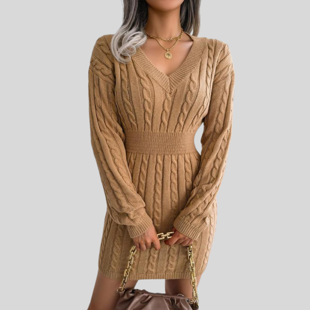 Soft Cable Knit V-Neck Sweater Dress for Women - OutfitLondon