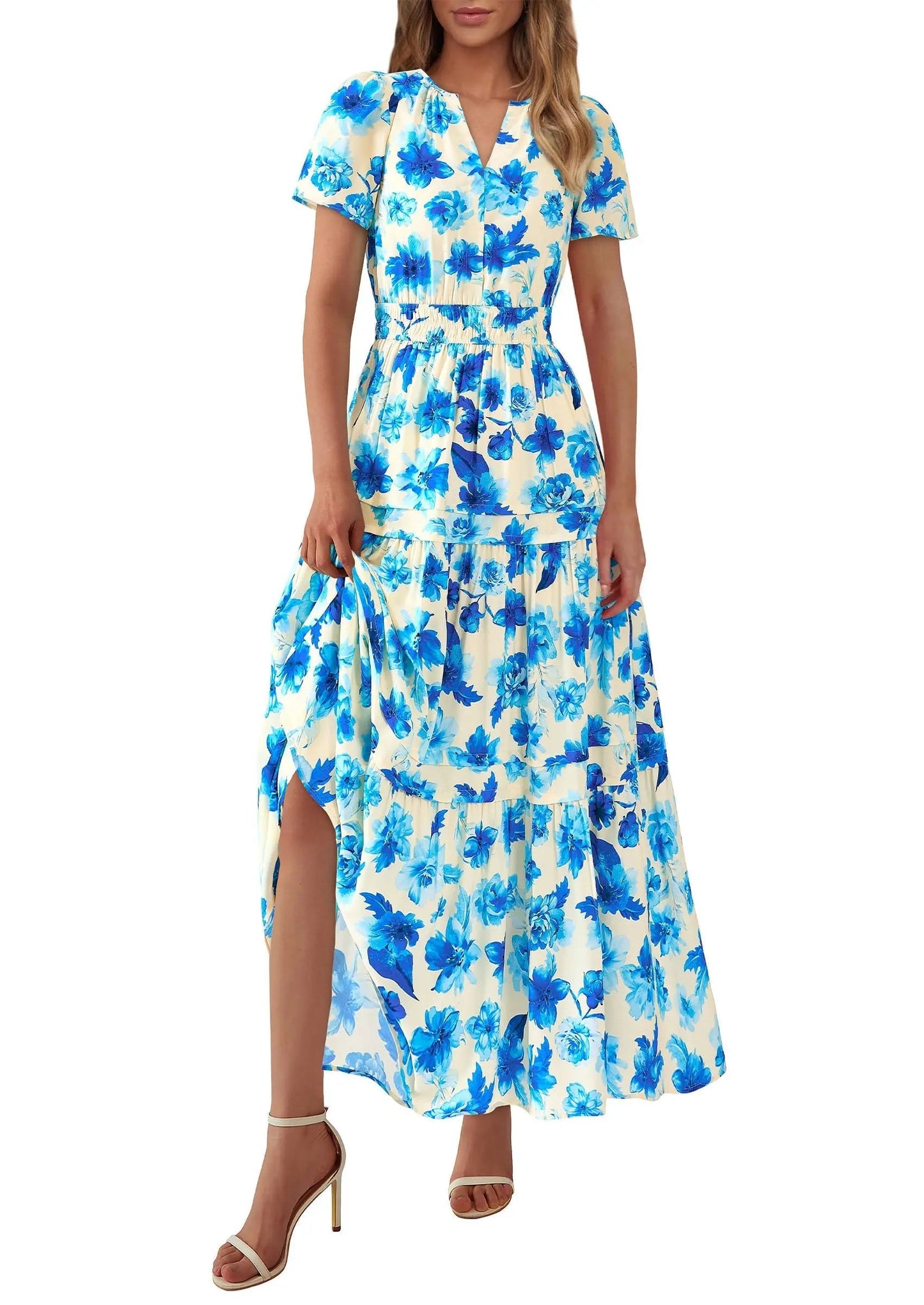Casual Floral V Neck Flowy Beach Maxi Dress