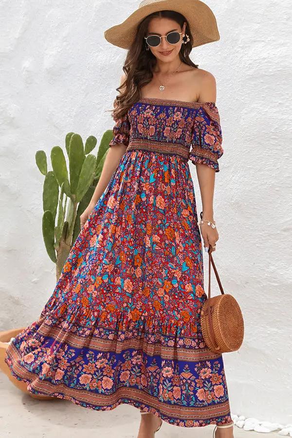 Tropical Floral Ruffled Short Sleeve Maxi Dress