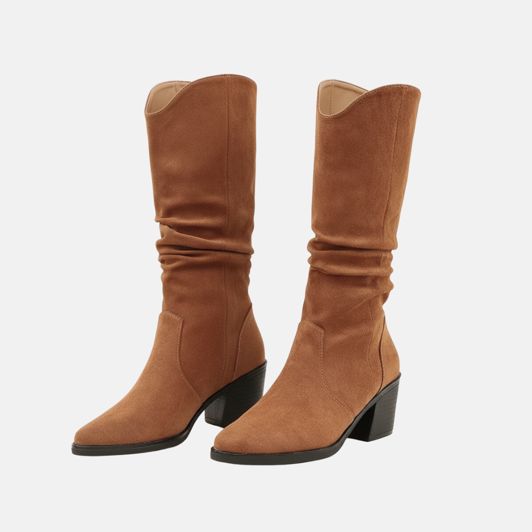 Ladies Suede Slouch Boots Pointed Toe Mid Heel - OutfitLondon