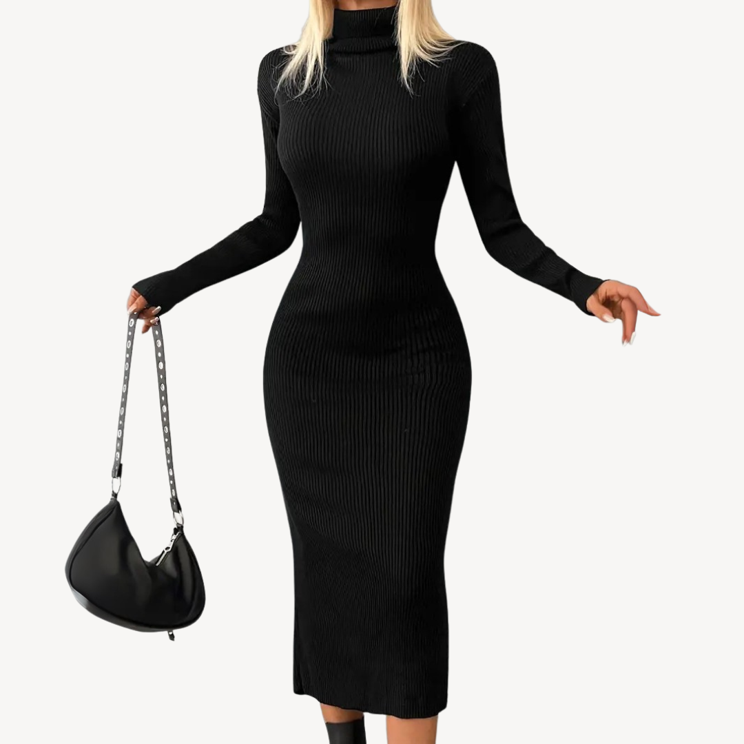 Women's Dark Textured Crew Neck Knit Dress - OutfitLondon
