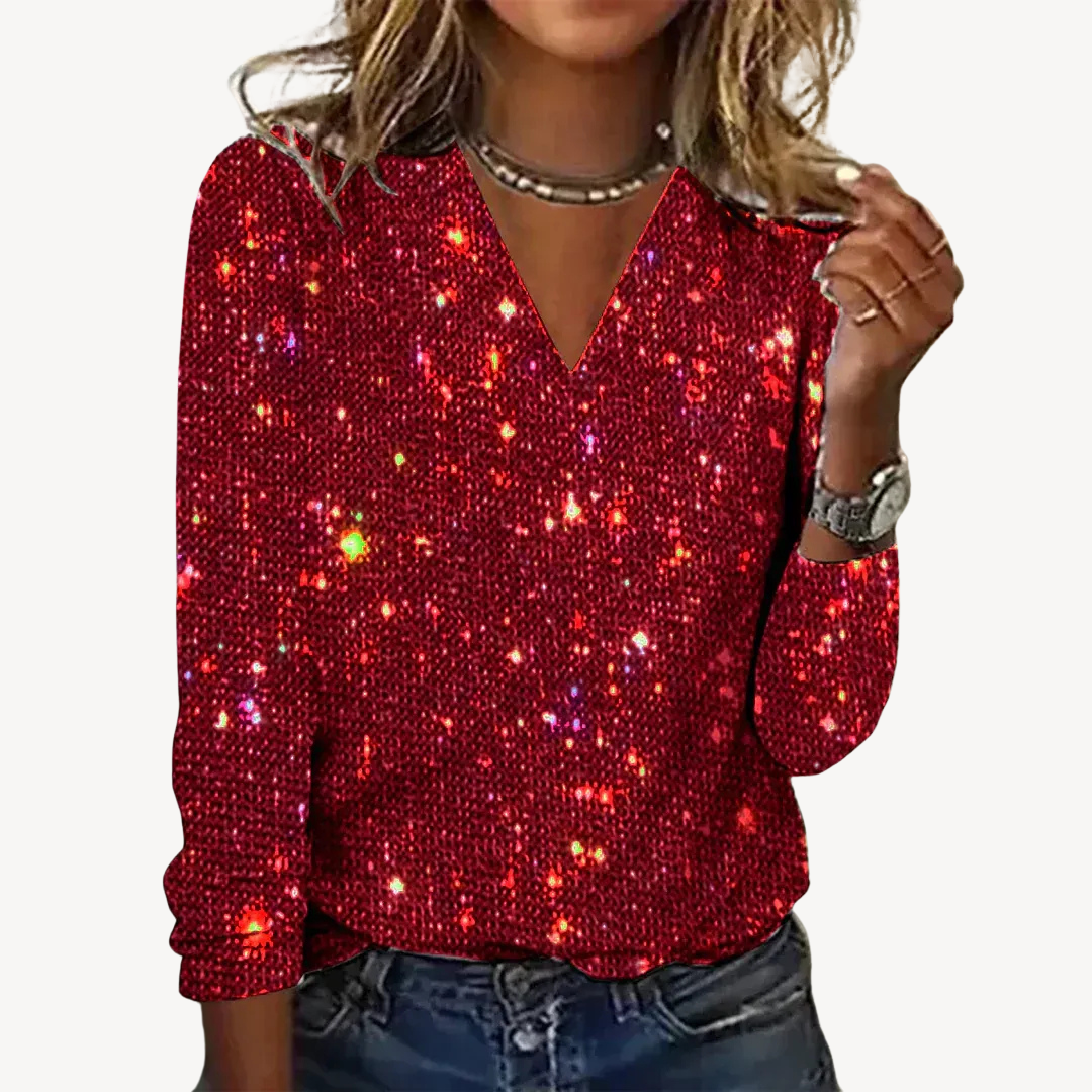 Glittery Deep V Neck Long Sleeve Women's Top - OutfitLondon