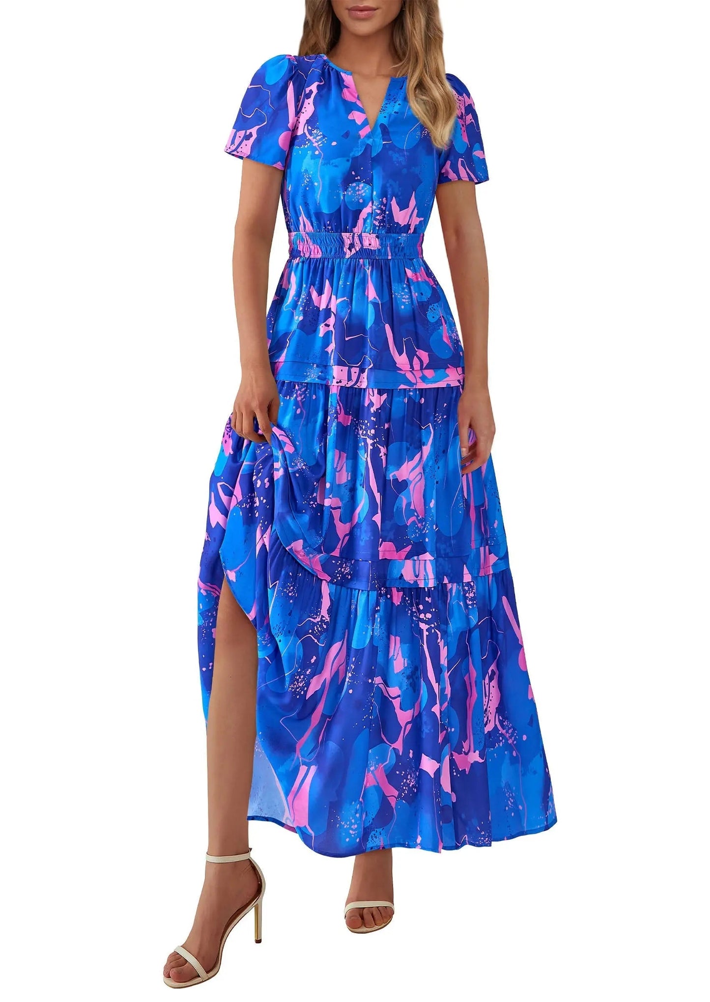 Casual Floral V Neck Flowy Beach Maxi Dress
