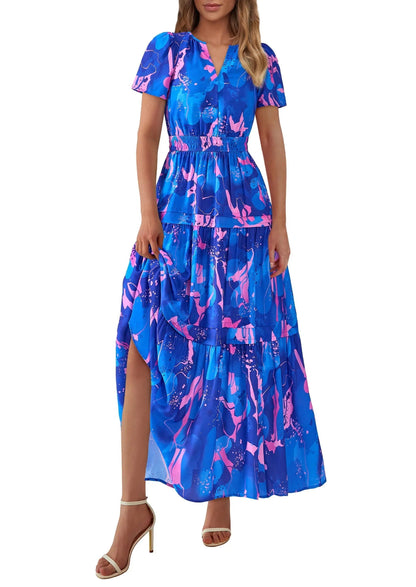 Casual Floral V Neck Flowy Beach Maxi Dress